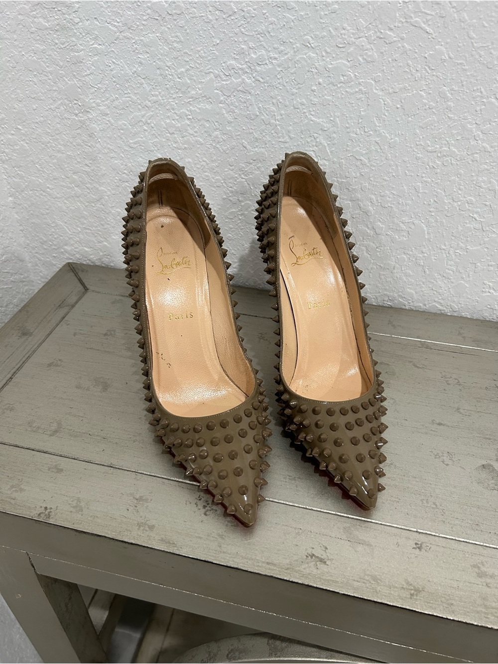 Christian Louboutin Pigalle Spikes Taupe Spiked Patent Pumps